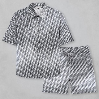 디* 그라이언트 오블리크 자카드 패턴 리넨 루즈핏 숏 슬리브 셔츠 & 쇼츠 셋
